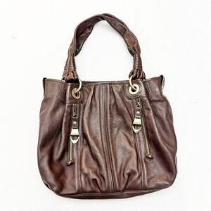 B. Makowsky Chocolate Brown Pebbeled Leather Gold Accents Two Straps Purse/Bag